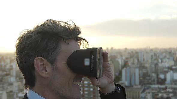 Businessman wearing virtual reality glasses