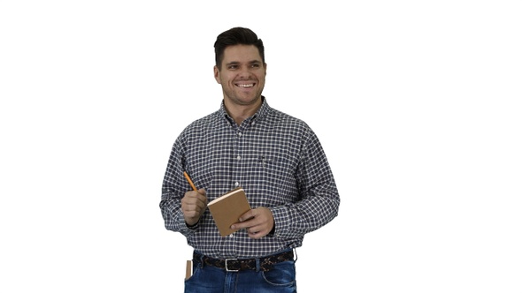 Casual Man Looking Around Smiling Happy with Something alt