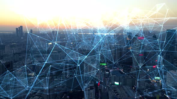 smart Connected city skyline. Futuristic network concept, city Technology. alt