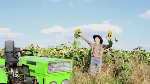 Village Worker is Happy and Dancing with Sunflowers in His Hands alt