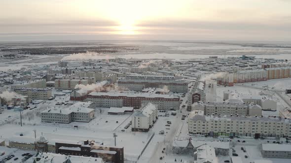 Establishing Shot the City of NaryanMar in the Arctic in a Harsh Cold Winter Against the Backdrop of