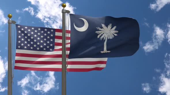 Usa Flag Vs South Carolina State Flag  On Flagpole alt