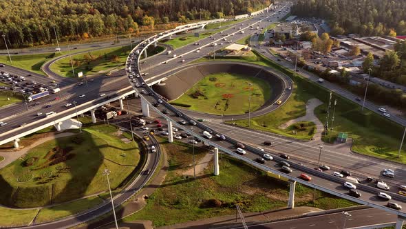 Aerial View of a Freeway Intersection Traffic Trails in Moscow alt