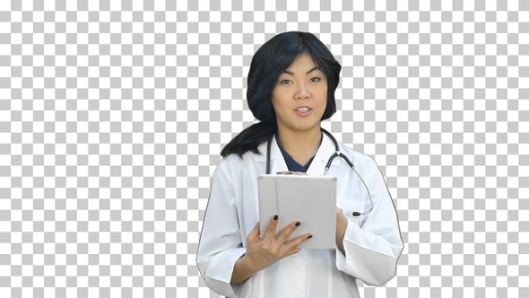 Female doctor holding digital tablet presenting, Alpha Channel