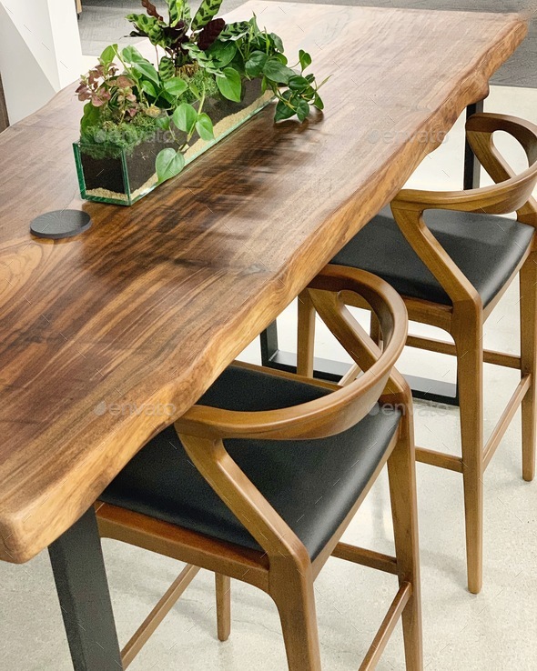 Live edge slab walnut table and bar Chairs