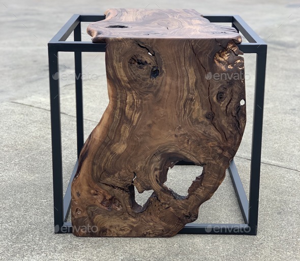 Live edge natural walnut wood cube side table furniture metal frame