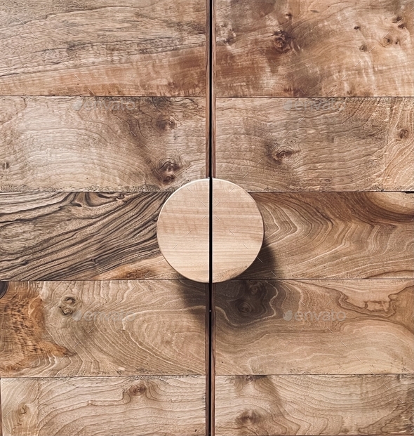 Walnut wood grain cabinet doors round pull handle