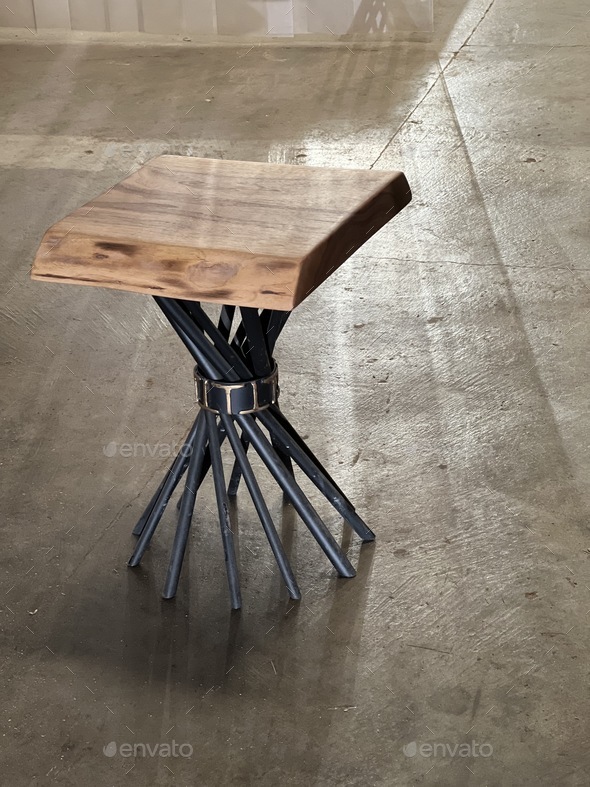 Walnut live edge side table stool metal base