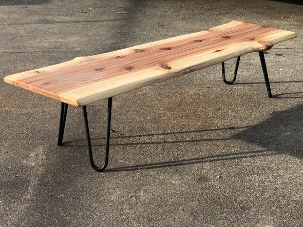 Live edge redwood slab bench hairpin metal legs furniture decor