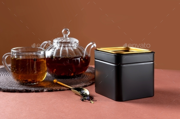 Blank tea packaging mockup with tea to display your branding design.