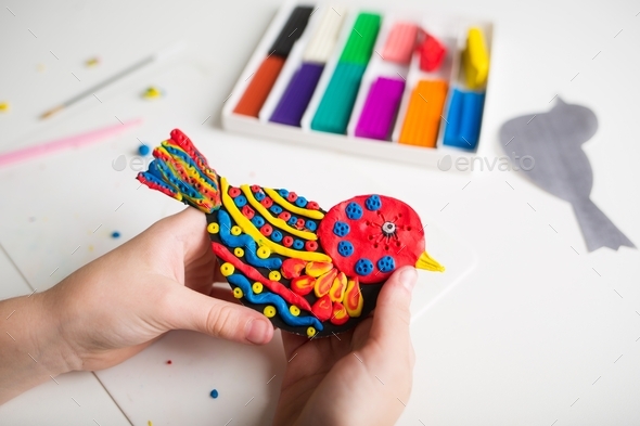 plasticine craft for kids. clay bird. childrens art and creative.