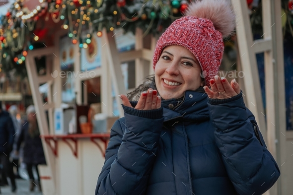Girl outdoors in winter Christmas season  - Stock Photo - Images