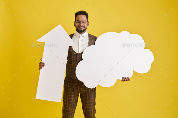 Man Holding Paper Cloud and Arrow