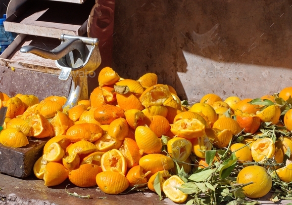 Preparing orange juice on the High Atlas trekking tour. Orange peels