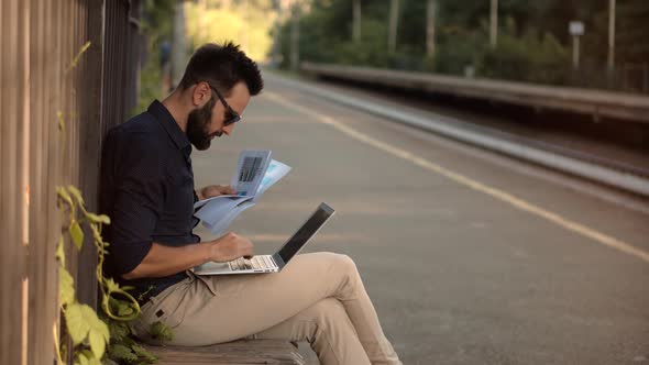 Freelancer Internet Online Meeting Webinar. Man Freelance With Computer Outdoors. Study Online Work alt