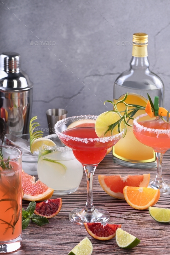 drinks and cocktails with Tequilabased different citrus fruits Stock