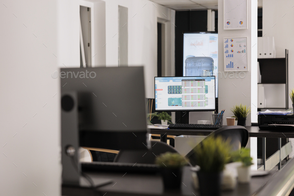 Workstations with desktop devices in coworking office Stock Photo by DC ...