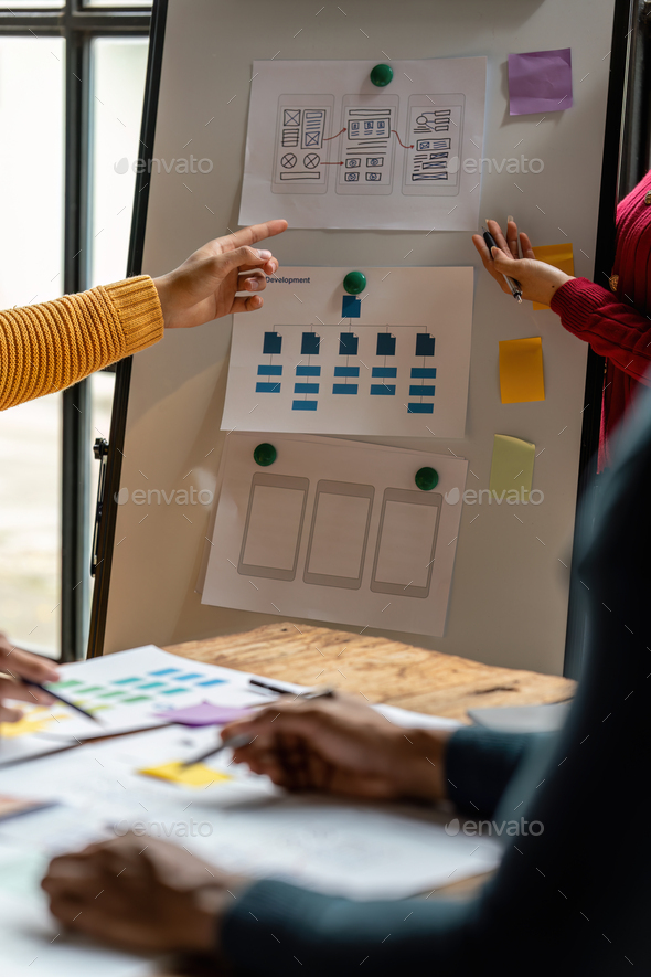 Group of ux developer and ui designer brainstorming about app interface ...
