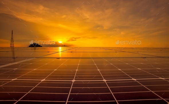 Solar cell with sunlight background, Green energy or safe energy, Solar power station - photovoltaic