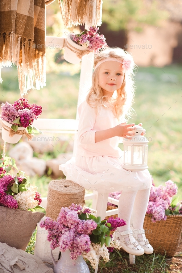 Cute Kid Girl 3 4 Year Old Posing Outdoors With Decorations Summer