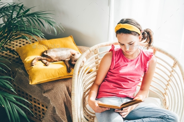Girl reading books at home  - Stock Photo - Images