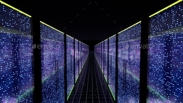 Modern data center servers room with neon lights AI iot learning 3d rendering