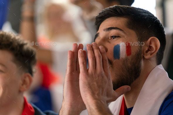 French football fans celebrating their team\'s victory at stadium.
