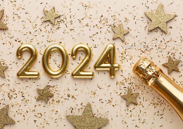 Happy New Year 2024 poster. Christmas background with gold 2023 numbers. - Stock Photo - Images