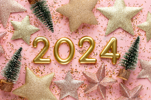 Happy New Year 2024. Golden digits 2024 with glitter and xmas decorations  nearby. Holiday Party Decoration…