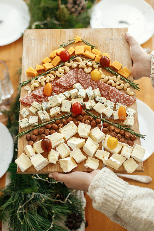 Cheese appetizers and salami in shape of christmas tree, creative food