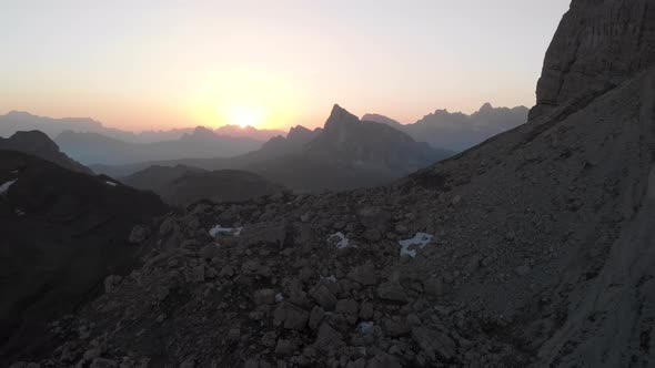 Aerial Fly near Passo Giau in Dolomites Italy at Sunset alt