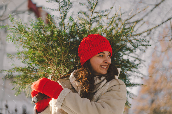 A beautiful girl in a red hat carries a Christmas tree. - Stock Photo - Images