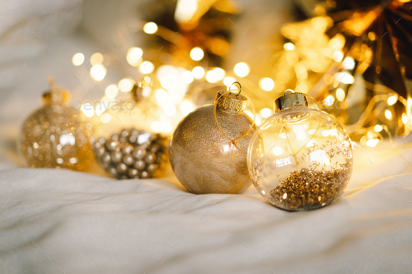 Christmas golden balls and decorations. Christmas holiday celebration. - Stock Photo - Images