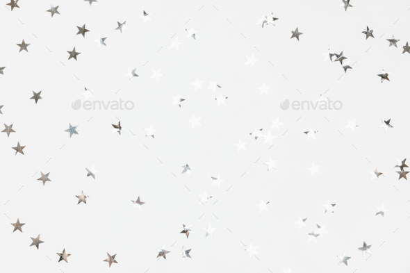 Silver Sparkle Confetti Stars On White Background Glitter Shine