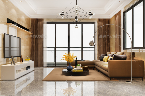 luxury and modern living room with leather sofa and chandelier - Stock Photo - Images