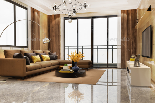 luxury and modern living room with leather sofa - Stock Photo - Images