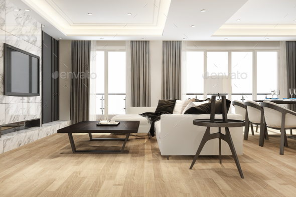 modern dining room and living room with luxury decor - Stock Photo - Images