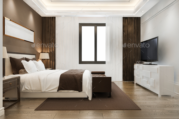 beautiful luxury bedroom suite in hotel with tv - Stock Photo - Images
