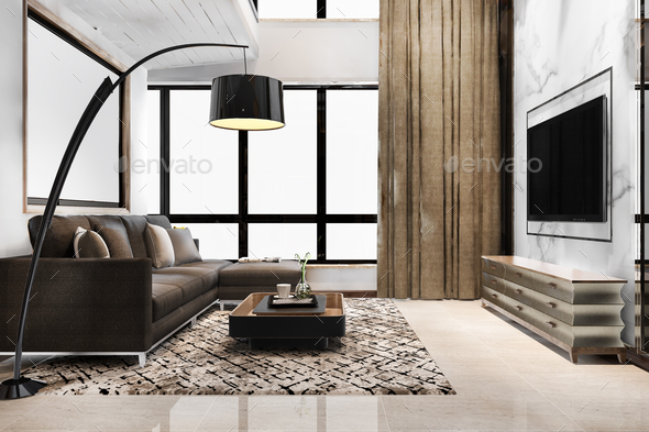 luxury and modern living room with leather sofa near window - Stock Photo - Images