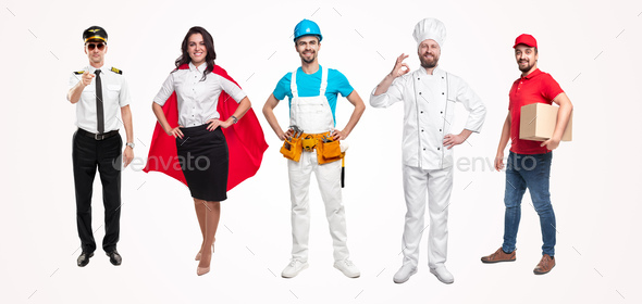 People having different jobs on white background