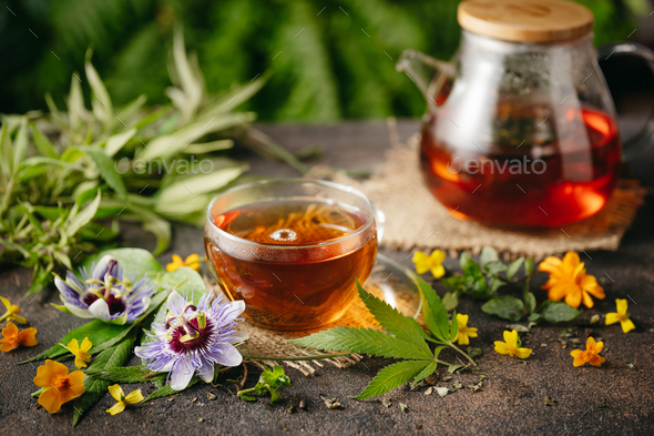 Herbal tea from the leaves of the passion flower - Stock Photo - Images