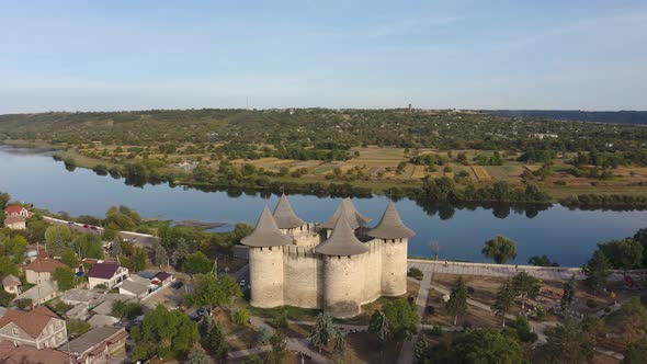 Aerial Dolly Out Shot of Medieval Fort in Soroca Republic of Moldova alt