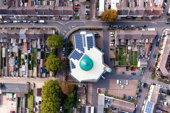 Aerial view directly above a local community Mosque in the UK