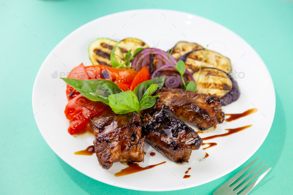 Grilled Meat And Vegetables Zucchini Peppers Red Onions And Basil 