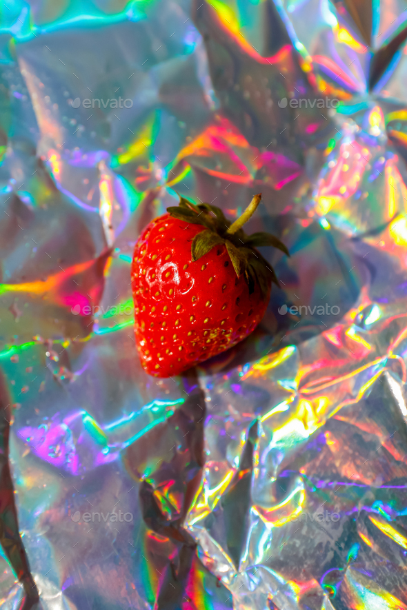 close-up one ripe red strawberry on modern hologram background. Fruits and berries. Harvest crop con
