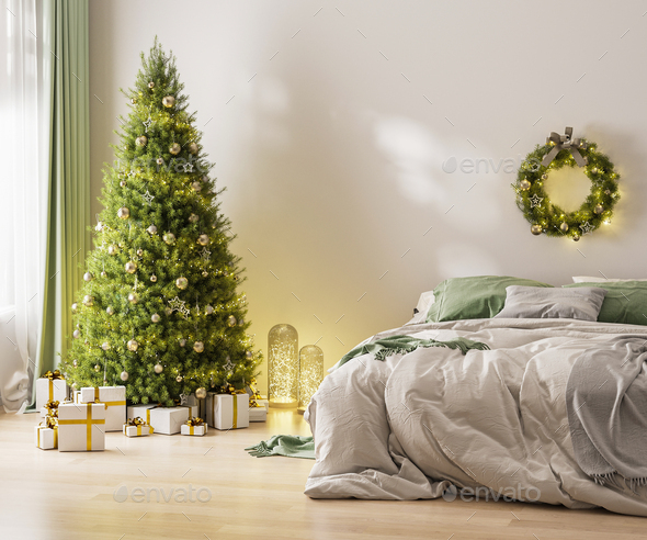 Christmas three with ornaments, festive lights and white and golden gift boxes in room interior  - Stock Photo - Images