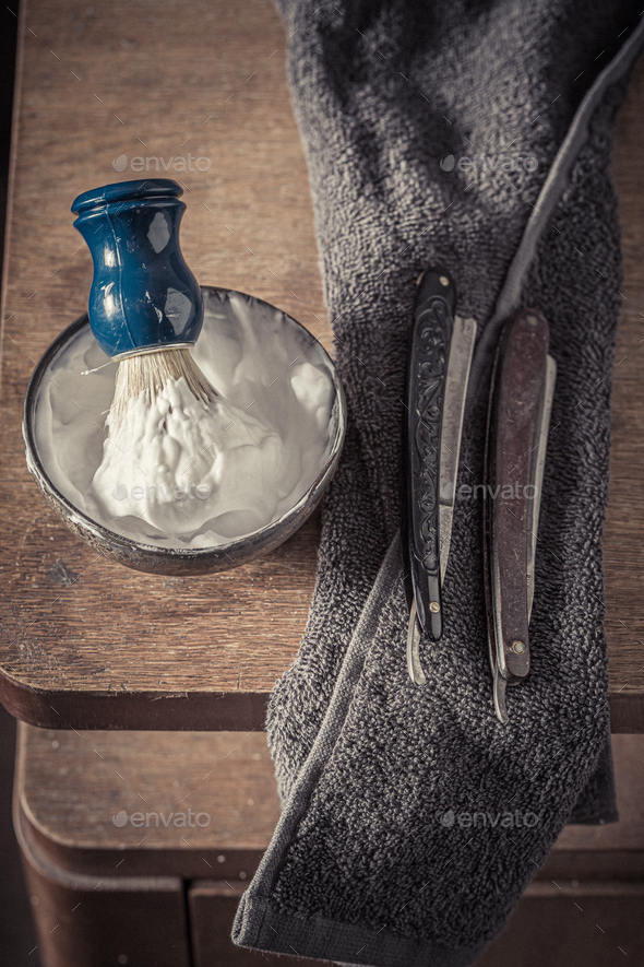 Antique and traditional shave set with razor and brush. Stock Photo by ...