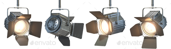 Set of illuminated spotlights isolated on white, lighting stage equipment. - Stock Photo - Images