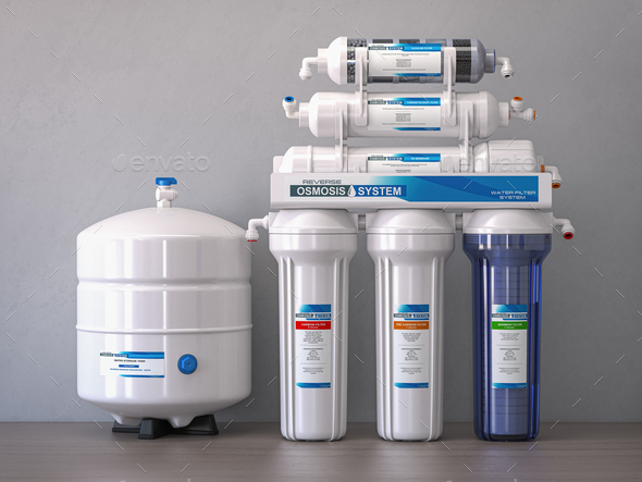 Reverse osmosis water purification system isolaterd on a kitchen table. Water cleaning system. - Stock Photo - Images