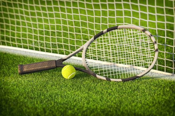 Tennis racket and tennis ball on a grass of tennis court. - Stock Photo - Images